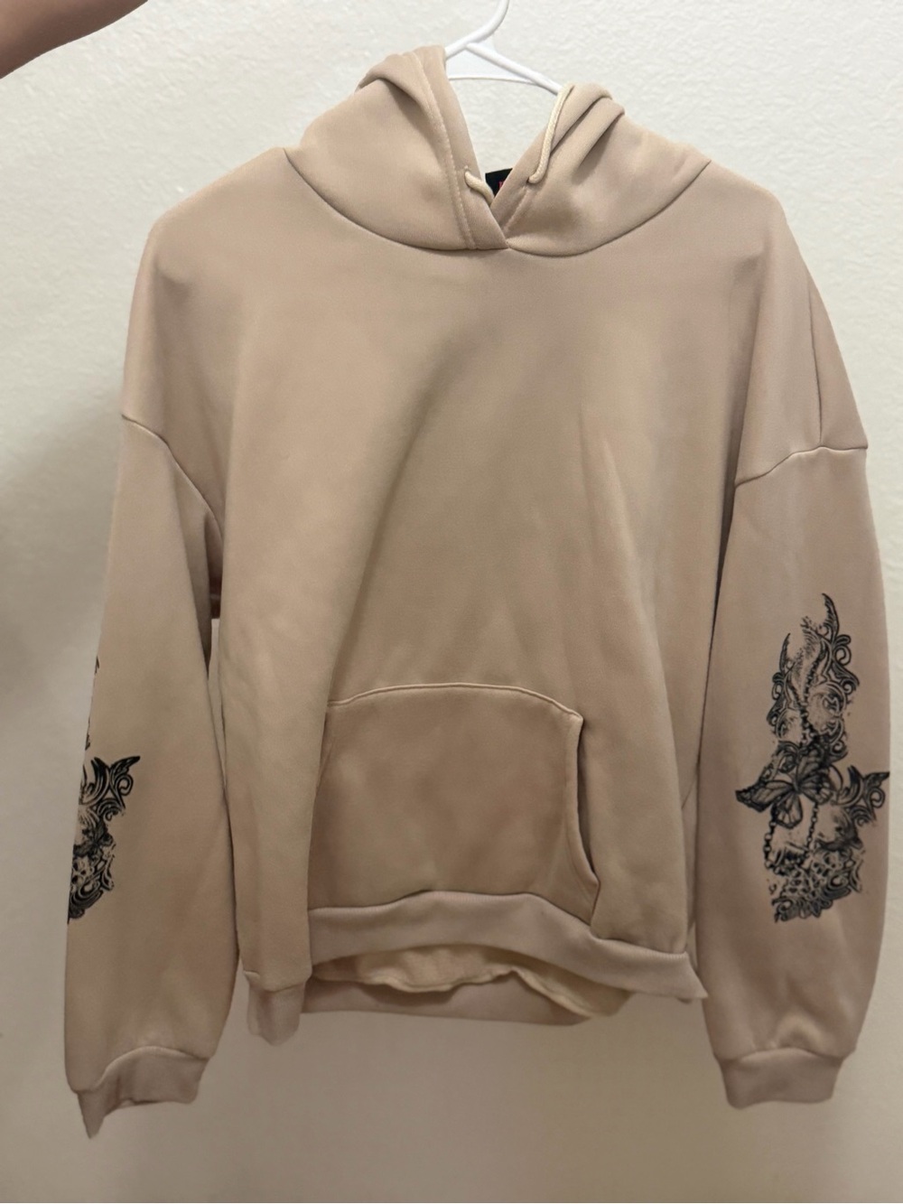 Beige Women's Hoodie Sweatshirt with Black Sleeve Artwork
